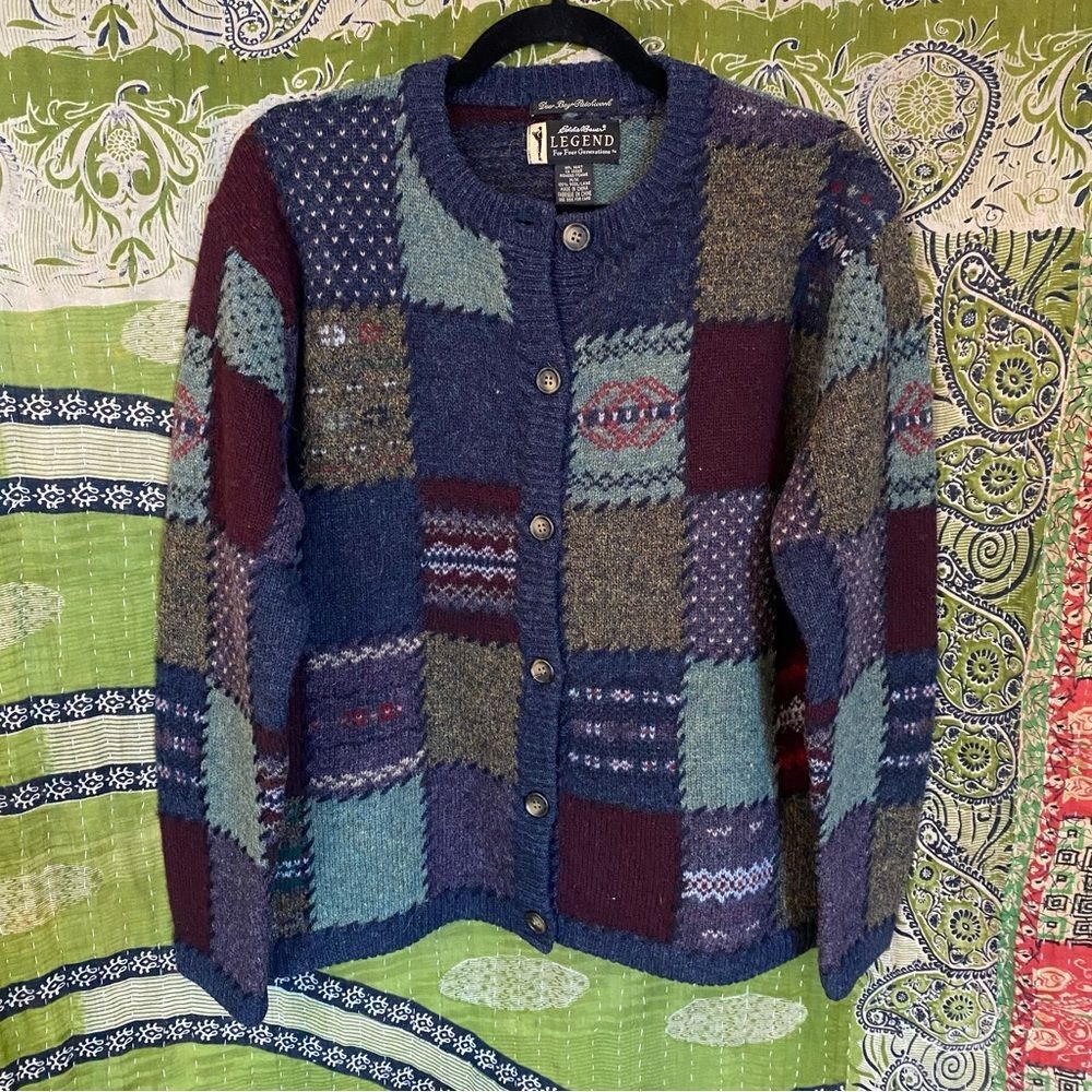 Vintage Eddie Bauer Legend 100% Wool Deer Bay Patchwork Cardigan Size Medium